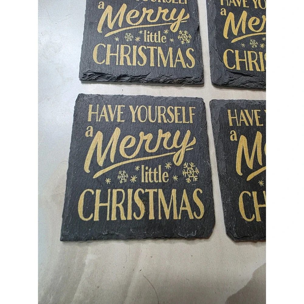 Merry Little Christmas Slate Coasters Set of 4 Black Gold Holiday Decor 4x4 G3